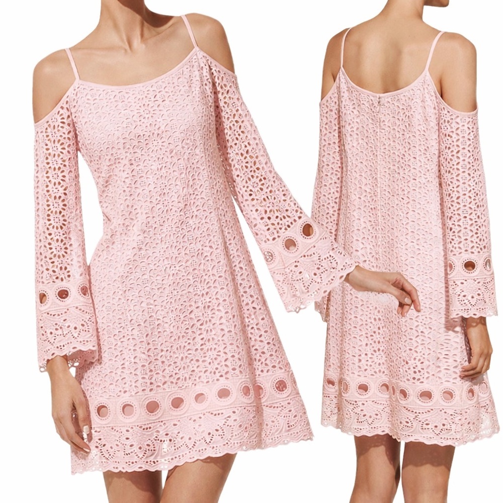 Nanette Lepore Pearl Pink Lace Cold Shoulder Bell Sleeve Shift Dress NWT 2